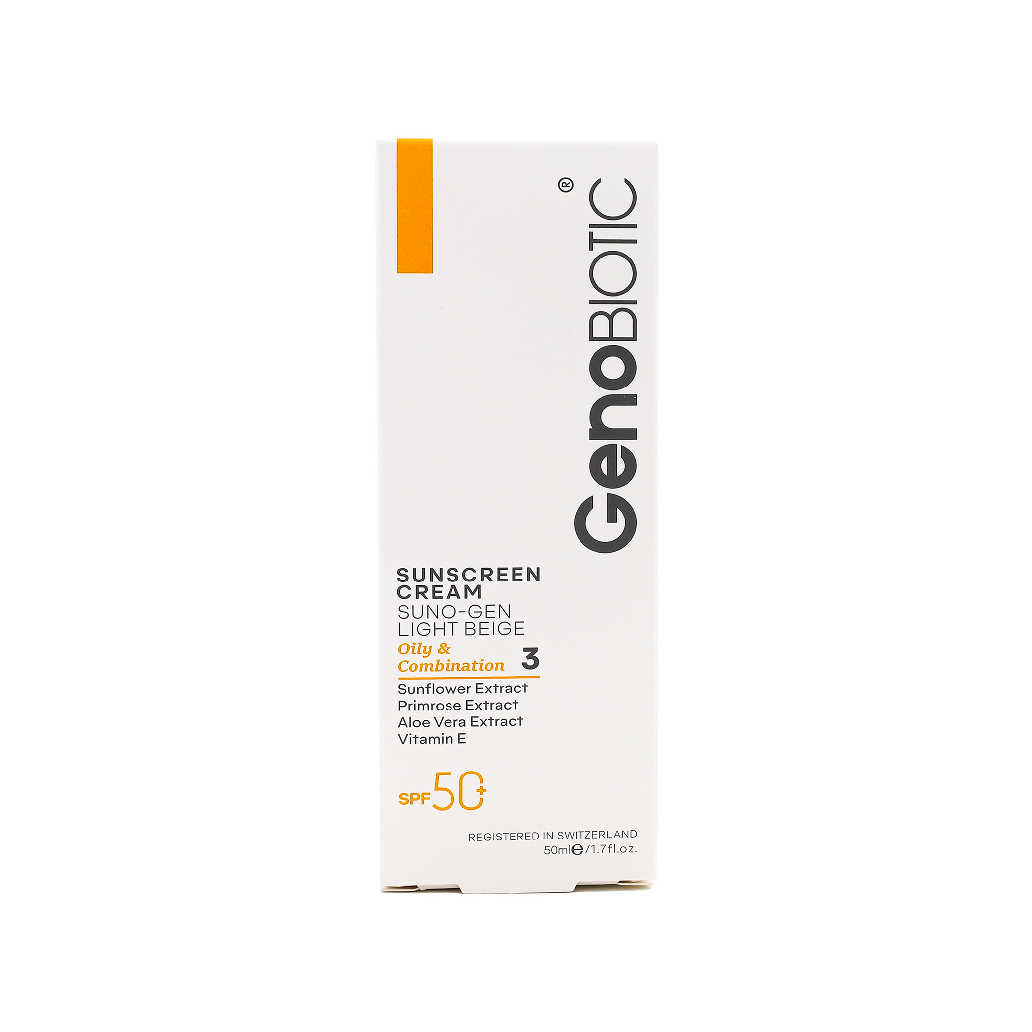 3435 کرم ضد آفتاب SPF50 ژنوبایوتیک رنگ بژ روشن مناسب پوست چرب و مختلط - تصویر 1